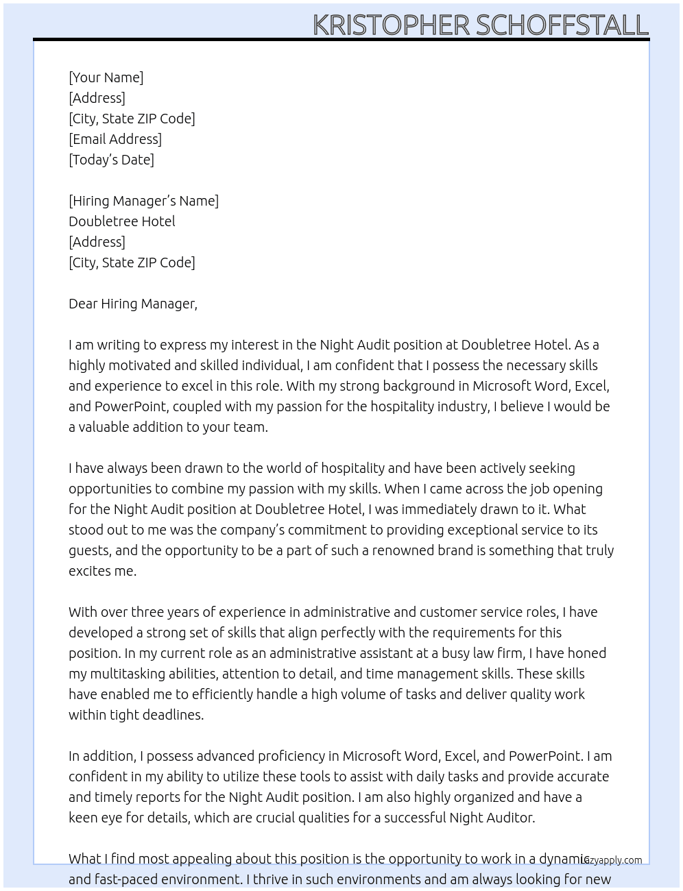 Night Audit At Doubletree Hotel Cover Letter