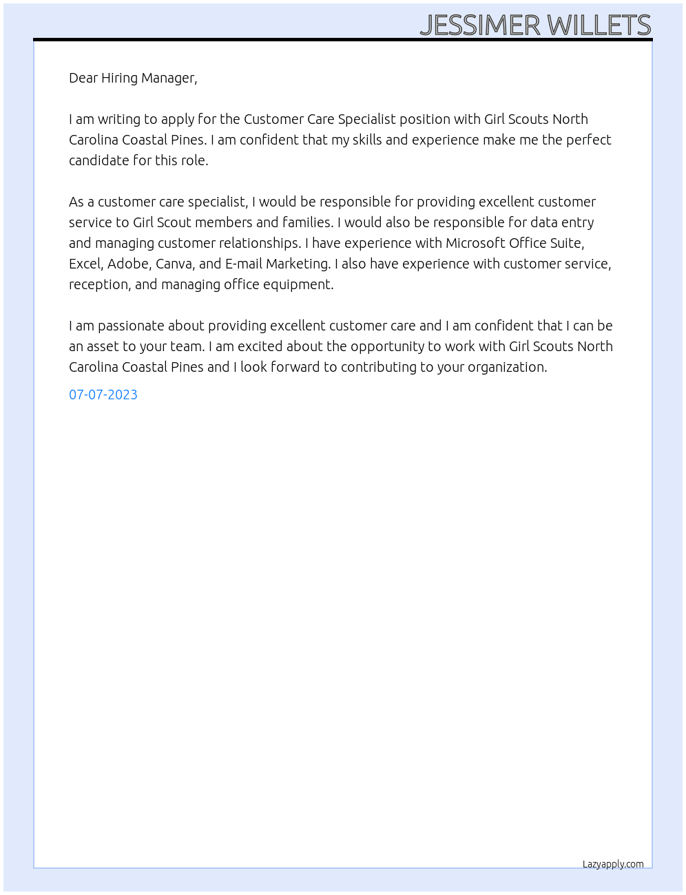 Customer Care Specialist At Girl Scouts North Carolina Coastal Pines Cover Letter