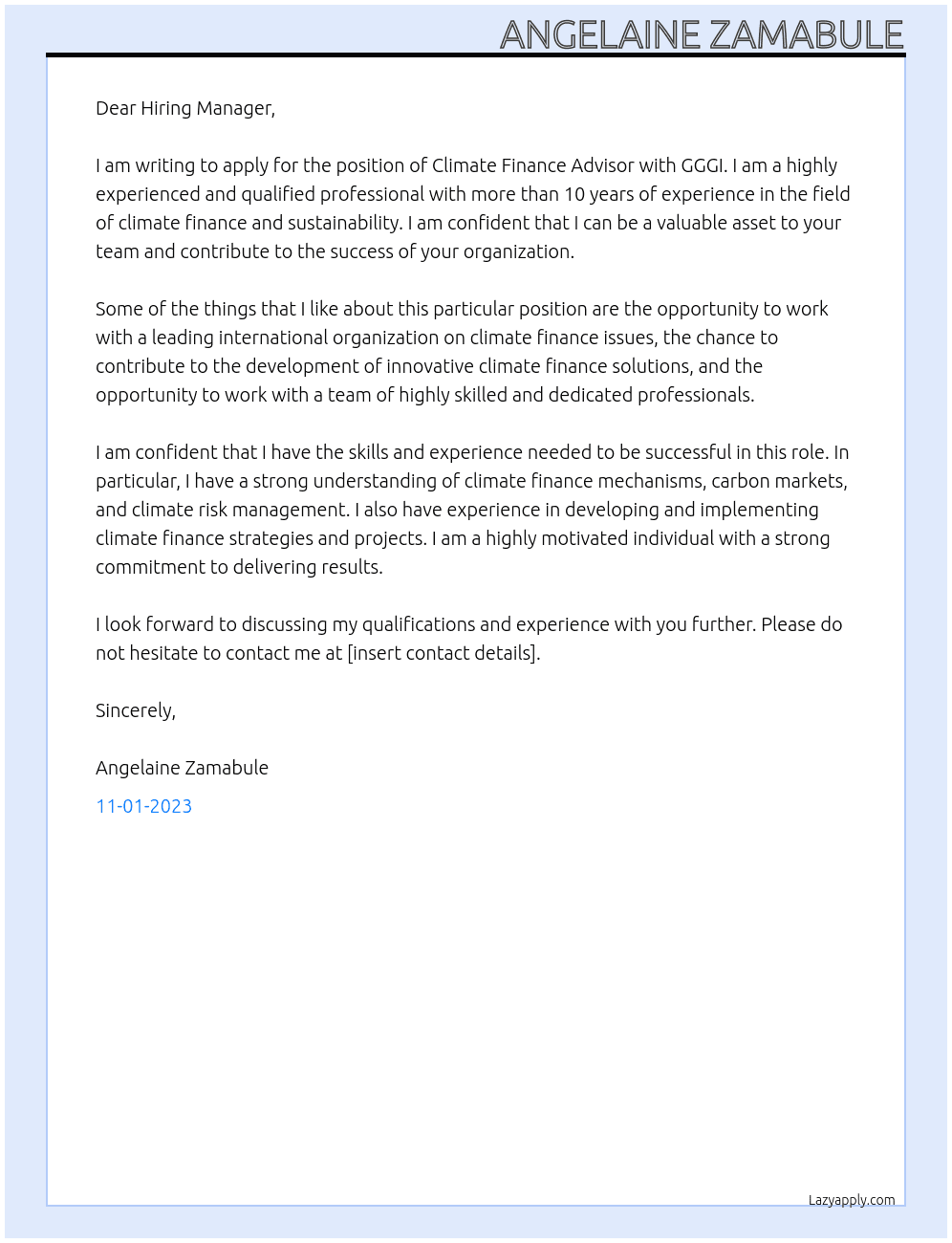 Climate Finance Advisor At GGGI Cover Letter