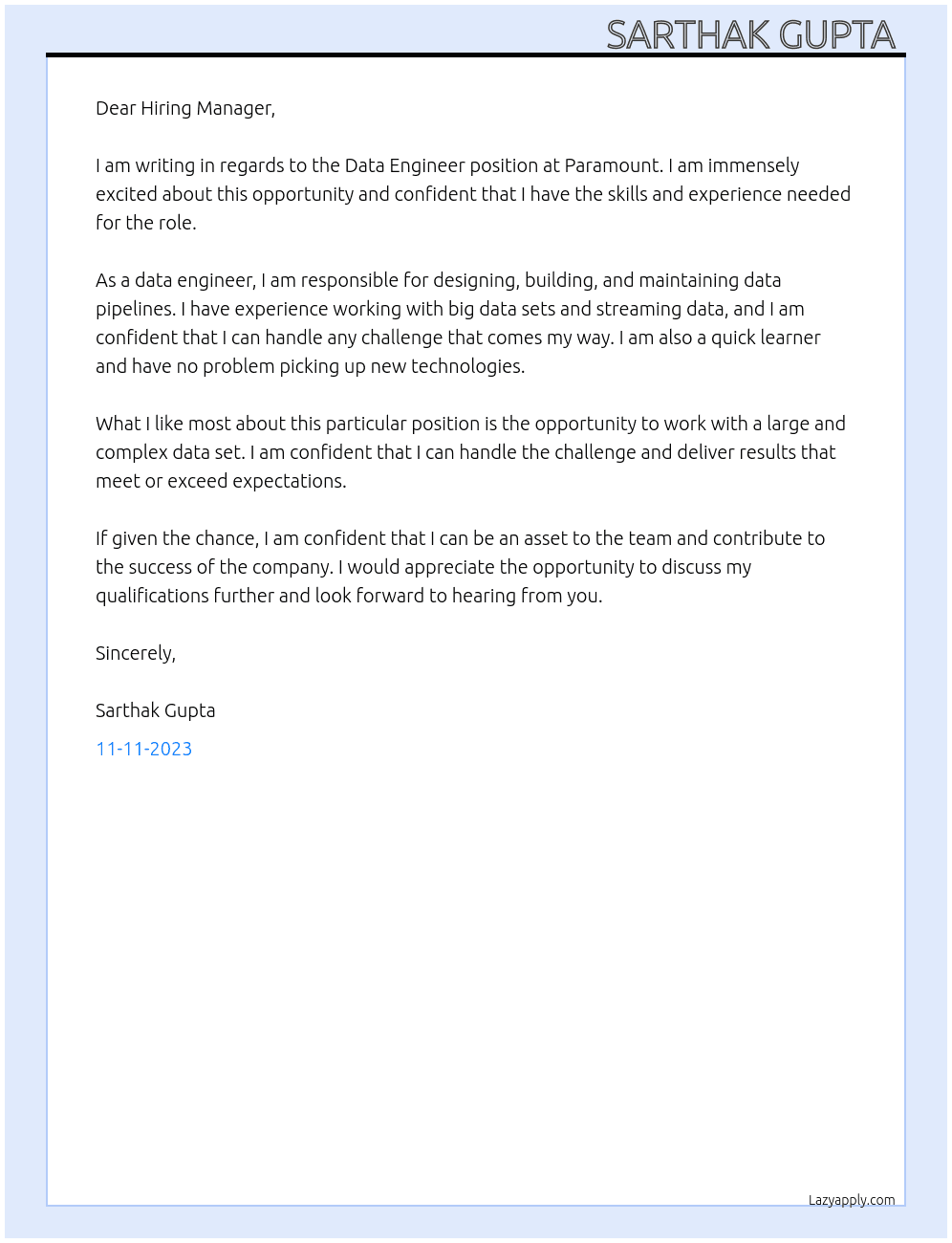 Data Engineer  At Paramount  Cover Letter