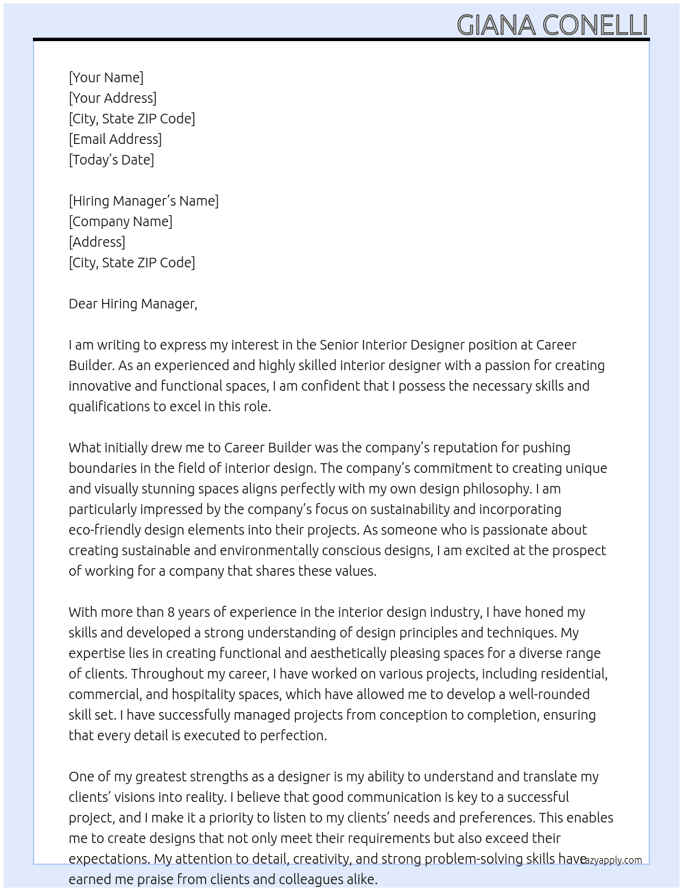 Senior interior designer  At Career Builder  Cover Letter