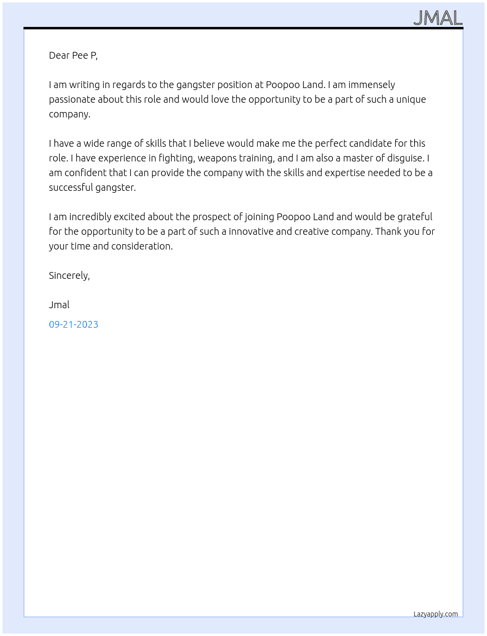 gangster At poopoo land Cover Letter