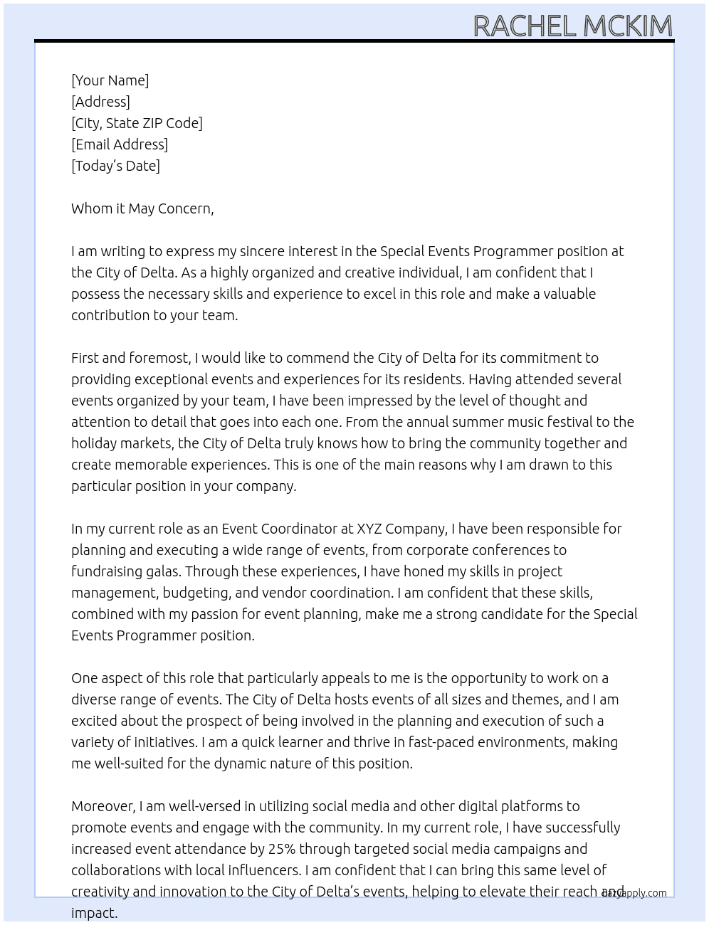 Special Events Programmer At City of Delta Cover Letter