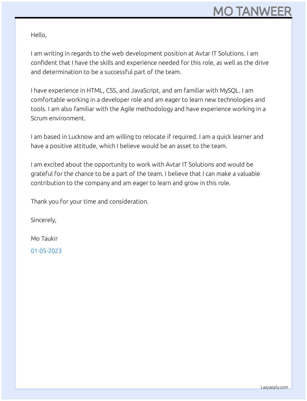 Web development At Avtar it solution Cover Letter