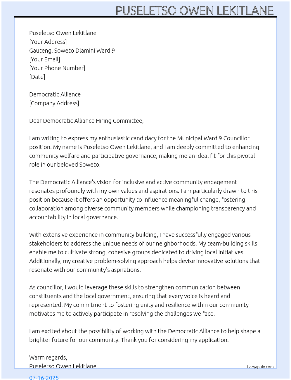 Municipal ward 9 councillor cardidate position  At Democratic alliance  Cover Letter