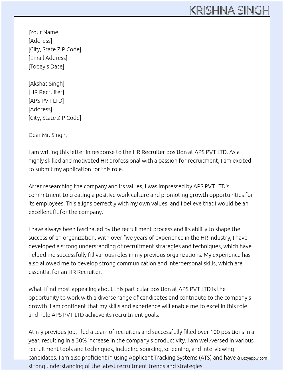 HR Recruiter At APS PVT LTD Cover Letter