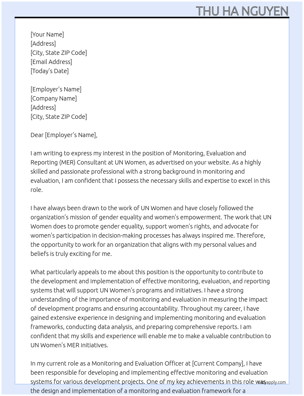 Monitoring, Evaluation and Reporting (MER) Consultant At UN Women Cover Letter