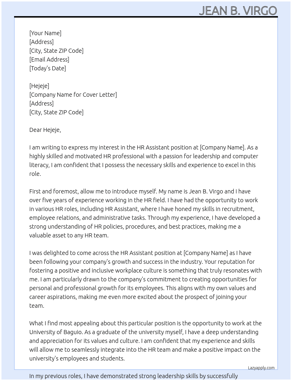 HR ASSISTANT At Hr assistant  Cover Letter