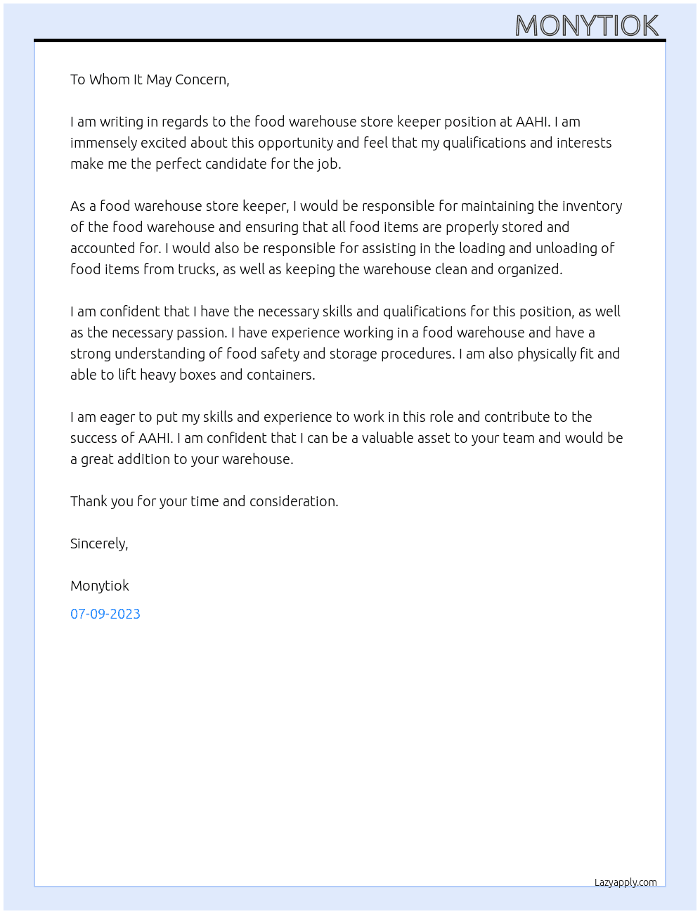 Food warehouse store keeper  At AAHI Cover Letter