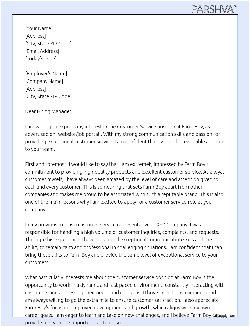 Customer service At fARM BOY Cover Letter
