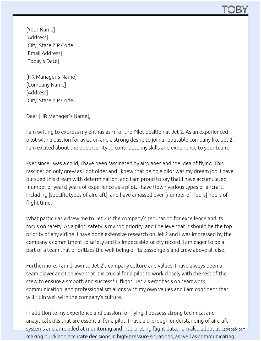Pilot At Jet 2 Cover Letter