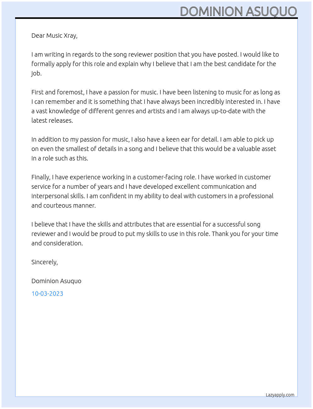 Song reviewer At Music Xray Cover Letter