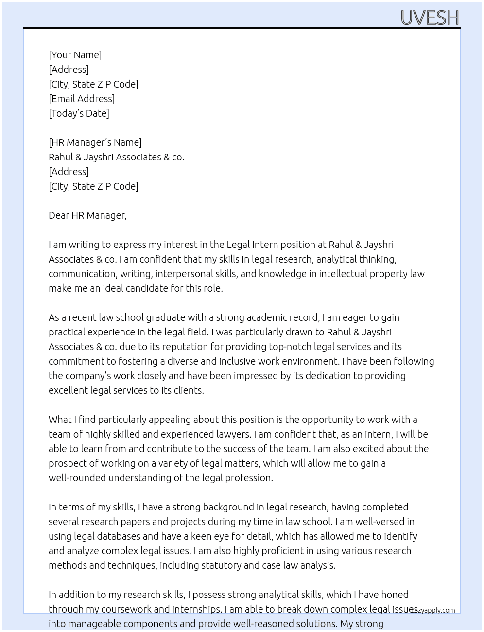 Legal intern At Rahul & Jayshri Associates & co. Cover Letter