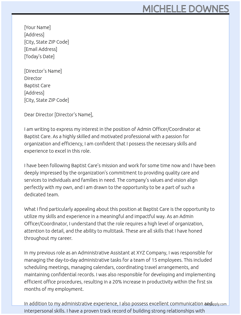 Admin officer/coordinator At Baptist Care Cover Letter