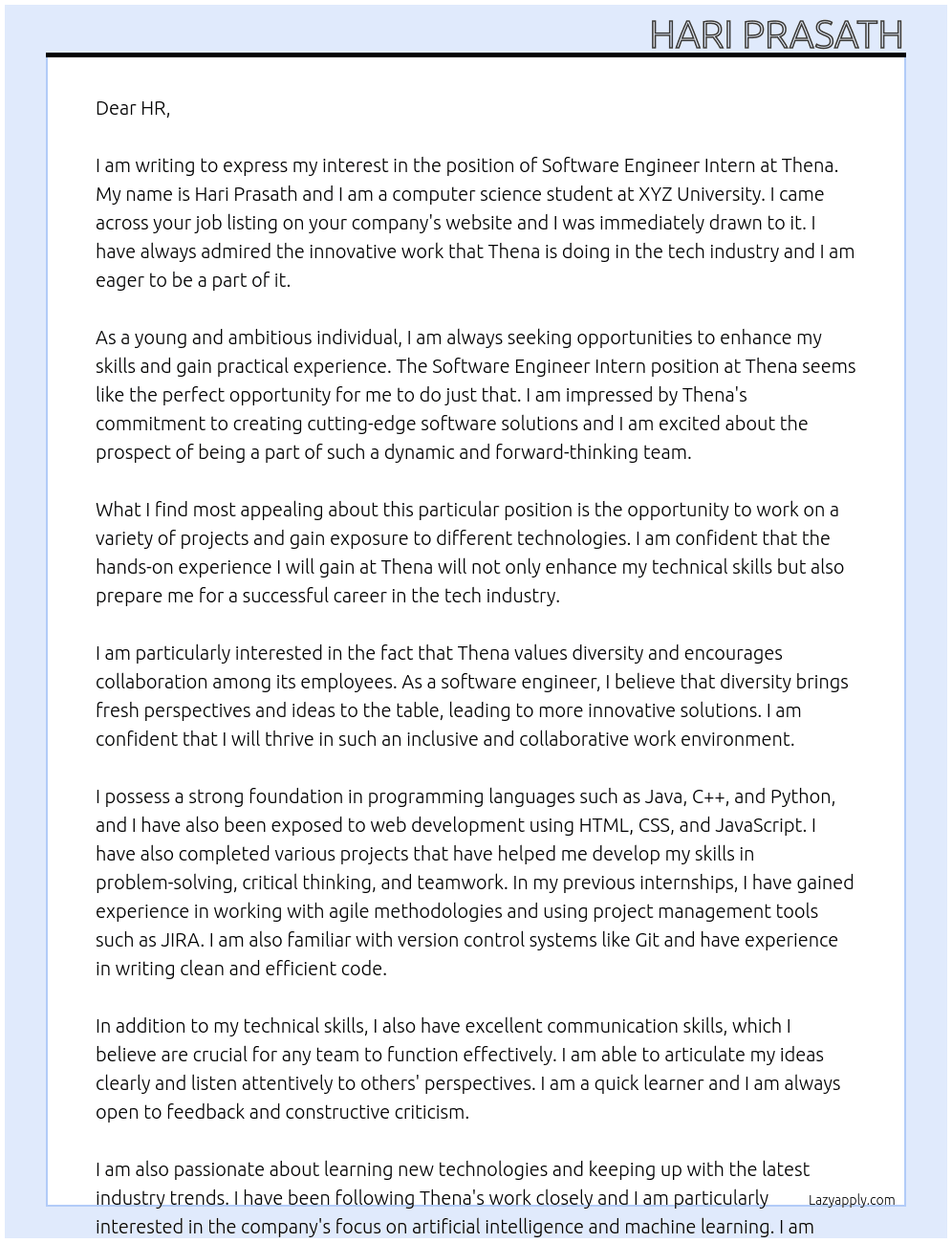 Software Engineer Intern At Thena Cover Letter
