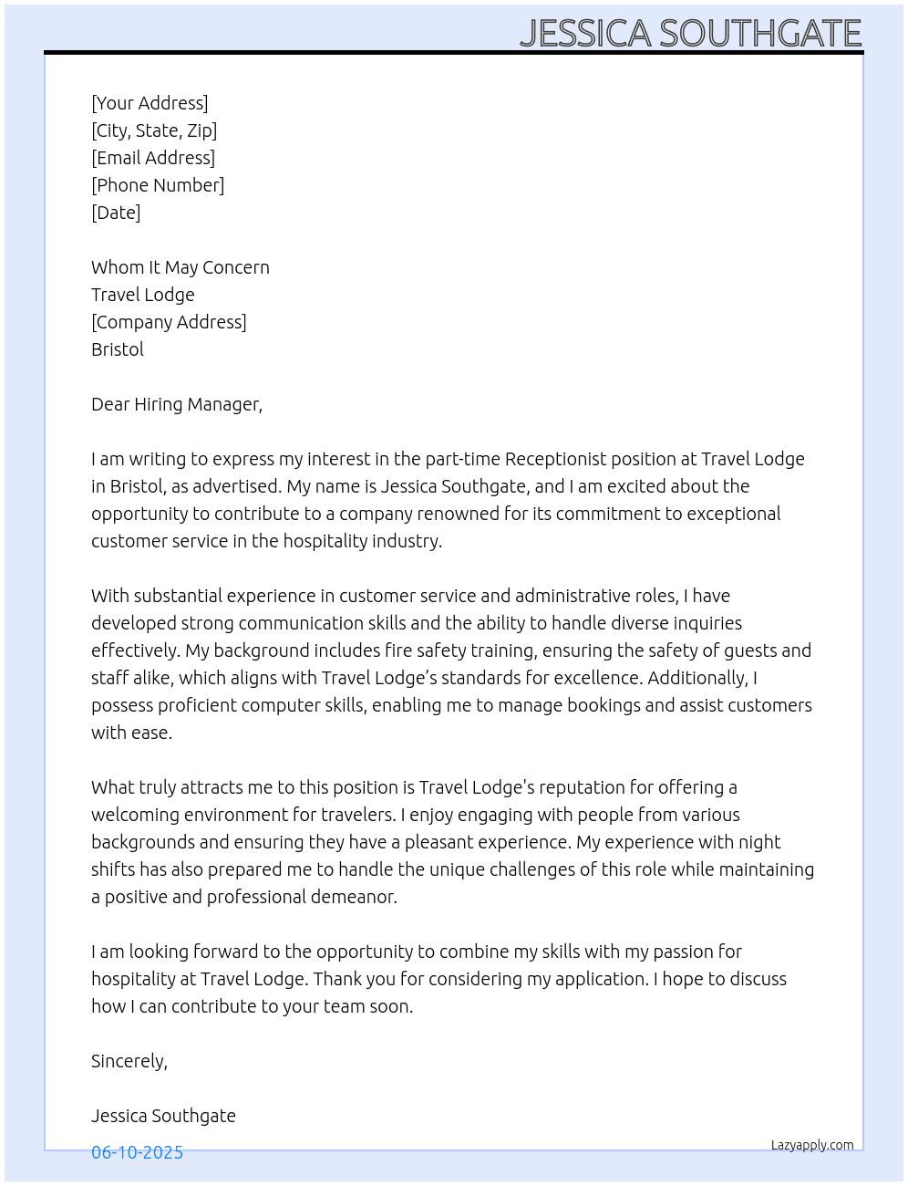 Receptionist  At Travel lodge  Cover Letter