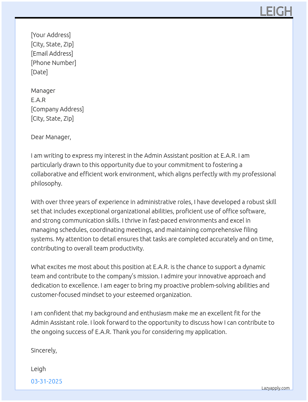 Admin Assistant At E.A.R Cover Letter