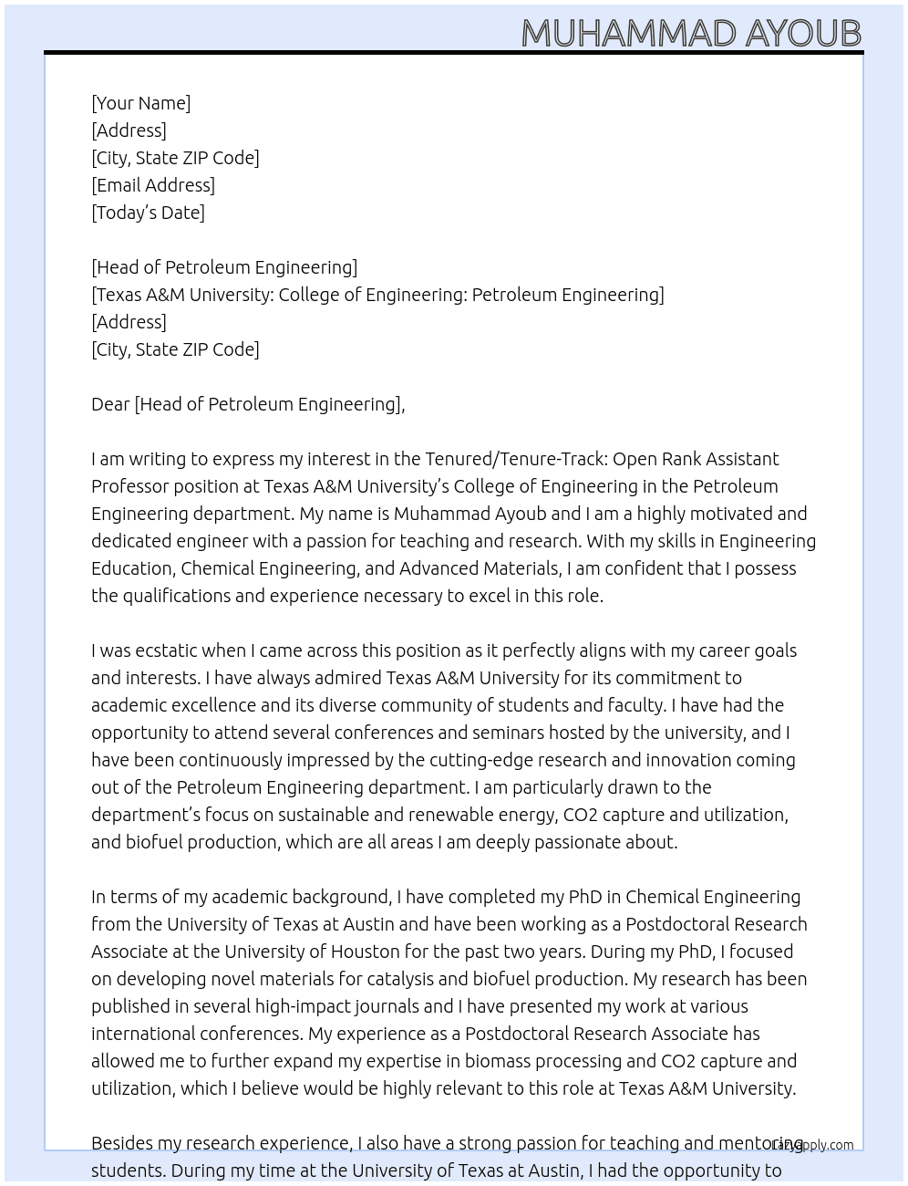 Tenured/Tenure-Track: Open Rank Assist Professor At Texas A&M University: College of Engineering: Petroleum Engineering Cover Letter