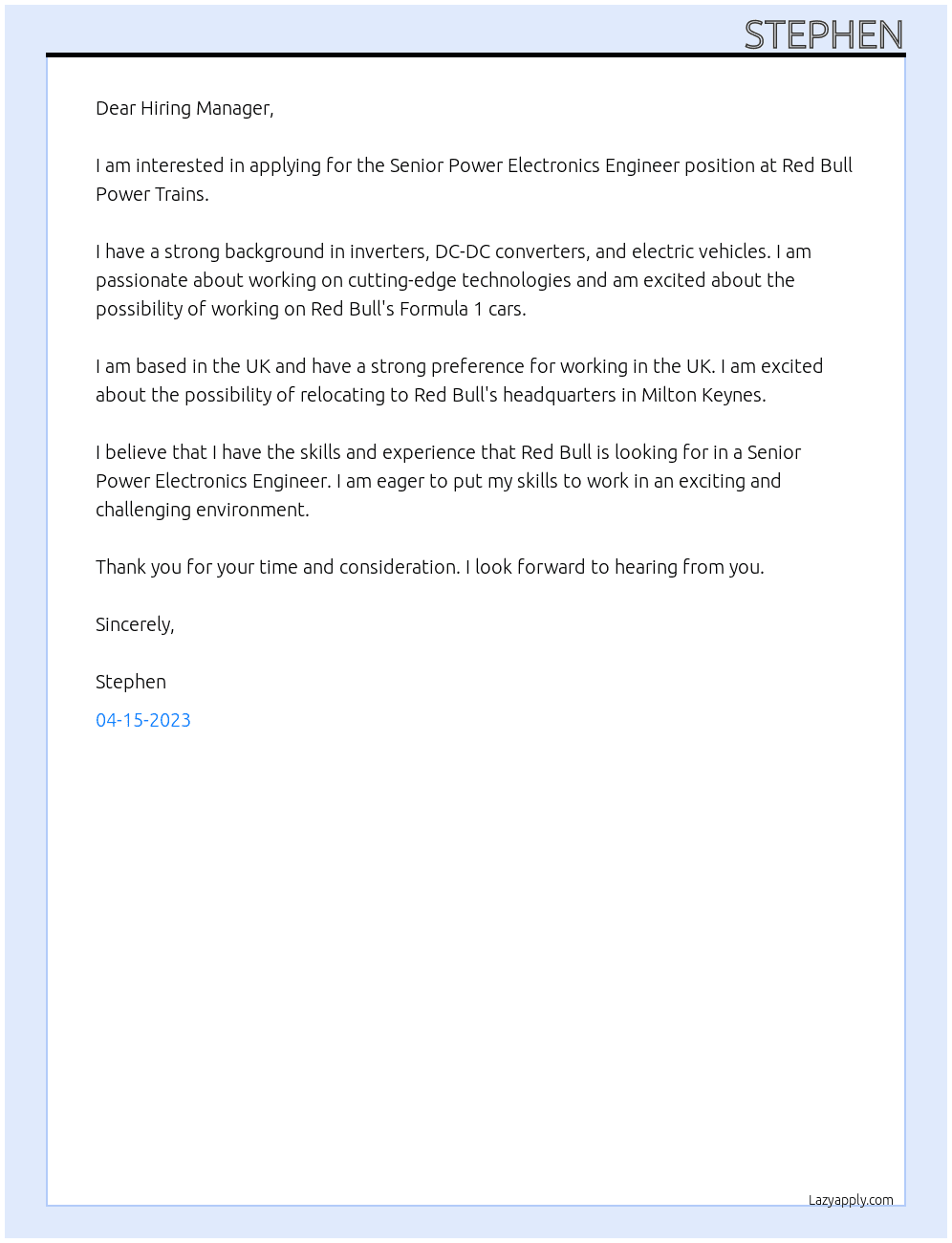 Senior Power Electronics Engineer At Red Bull Power trains Cover Letter