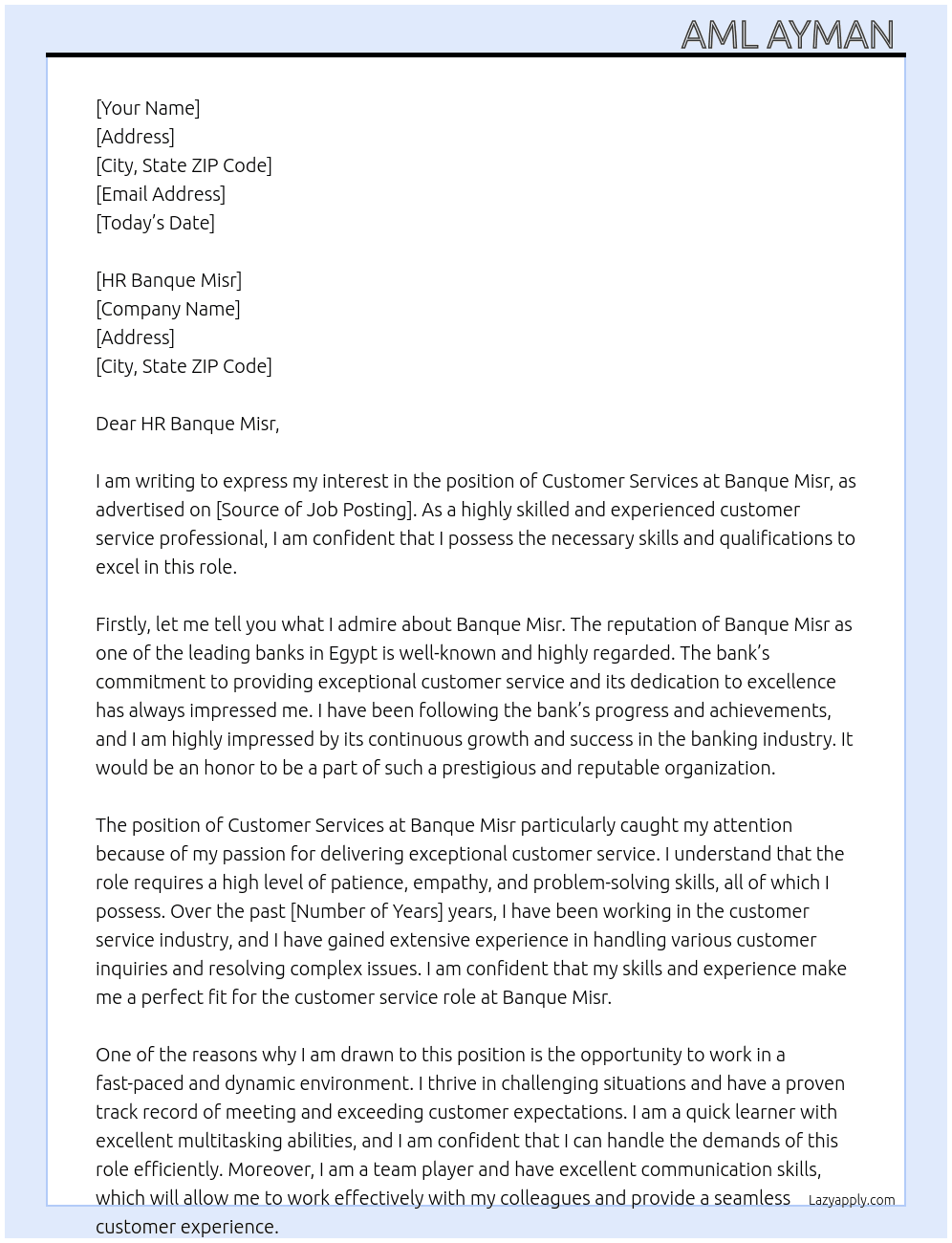 Customer services  At Banque misr  Cover Letter