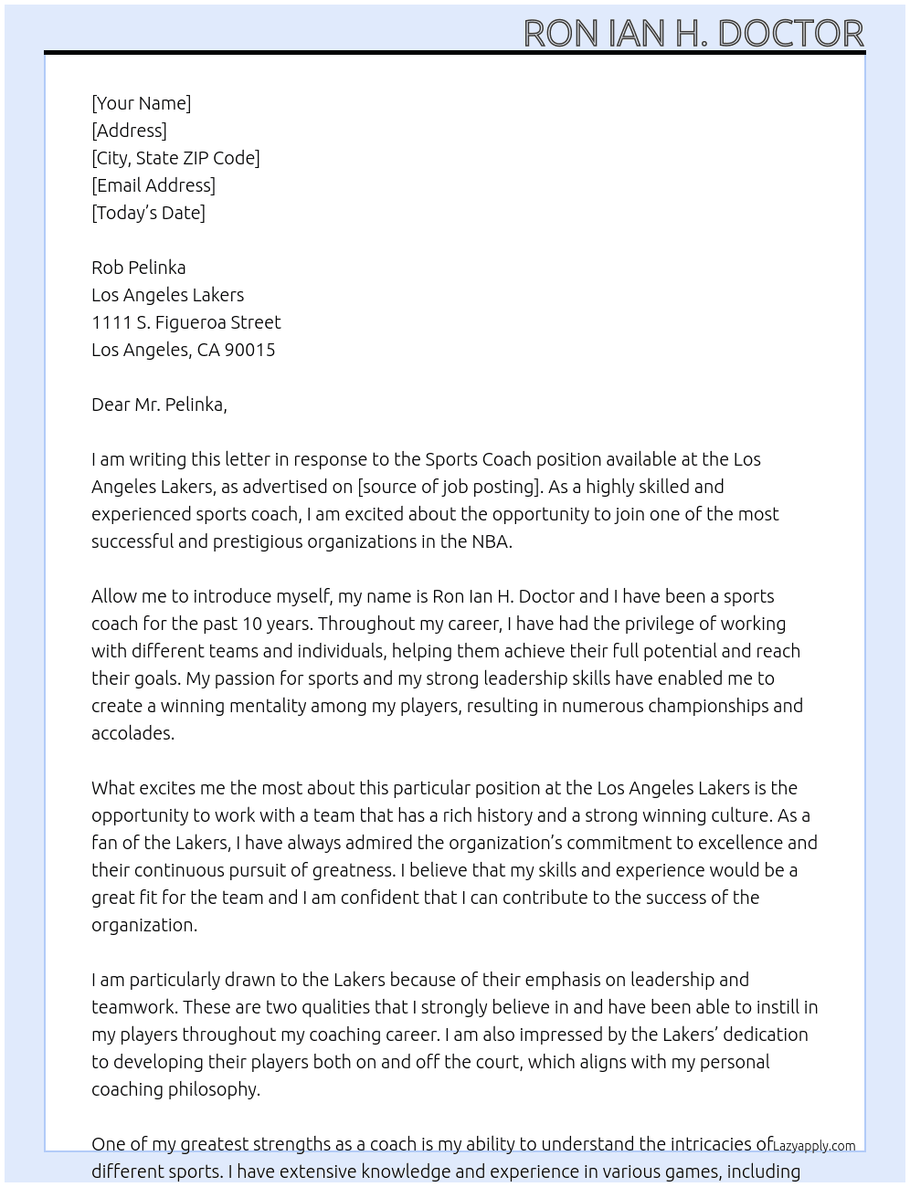 Sports Coach At Los Angeles Lakers Cover Letter