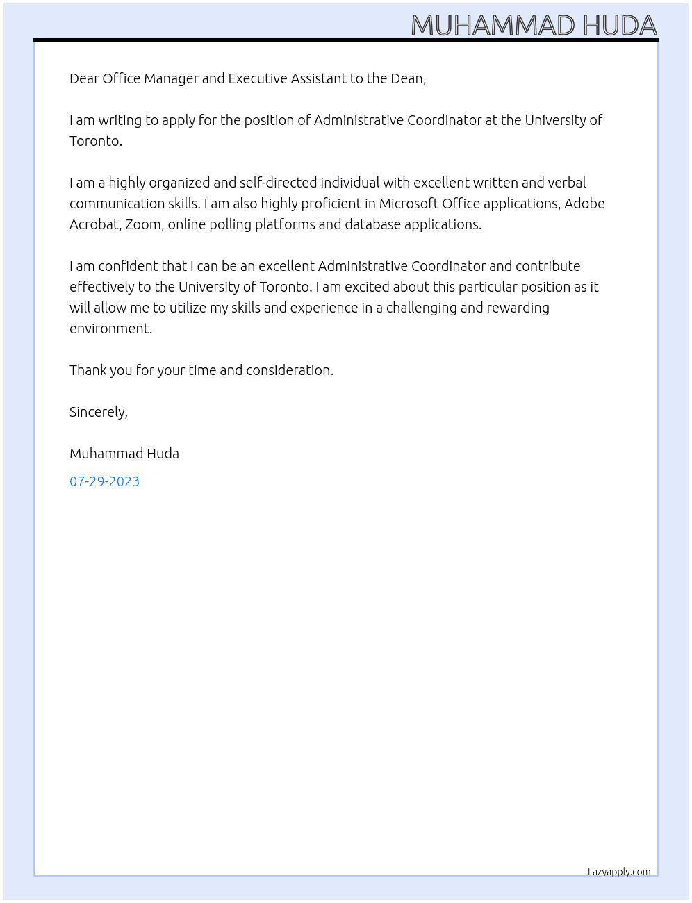 Administrative Coordinator  At University of Toronto Cover Letter