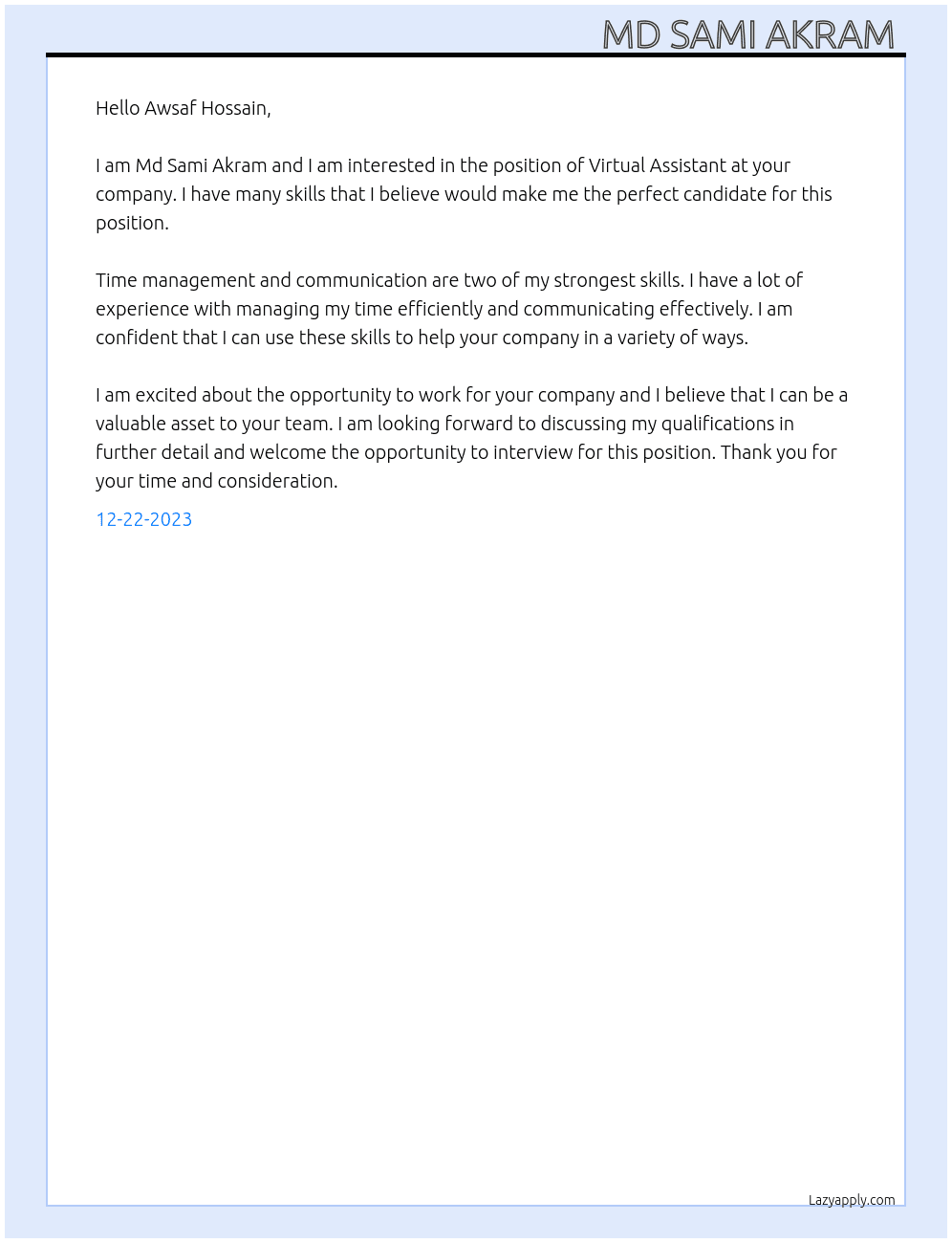 Virtual Assistant  At Virtual Assistant  Cover Letter