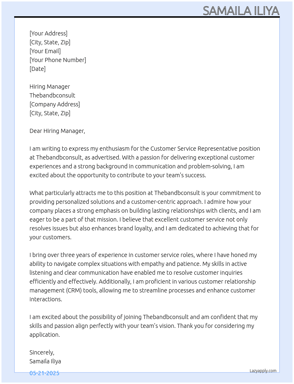 Customer Service Representative At Thebandbconsult Cover Letter