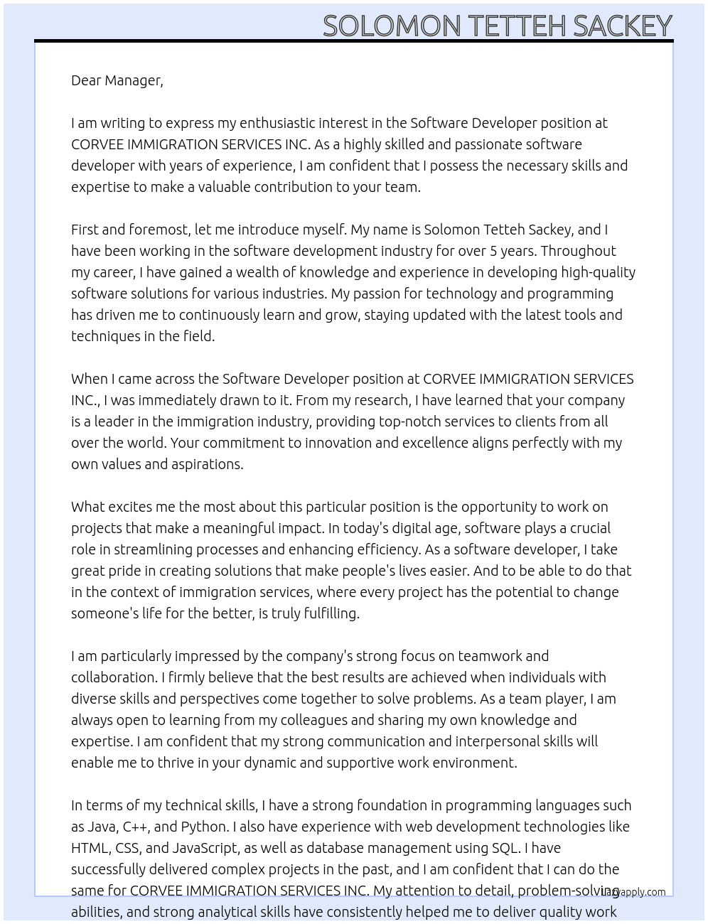 Software Developer At CORVEE IMMIGRATION SERVICES INC. Cover Letter