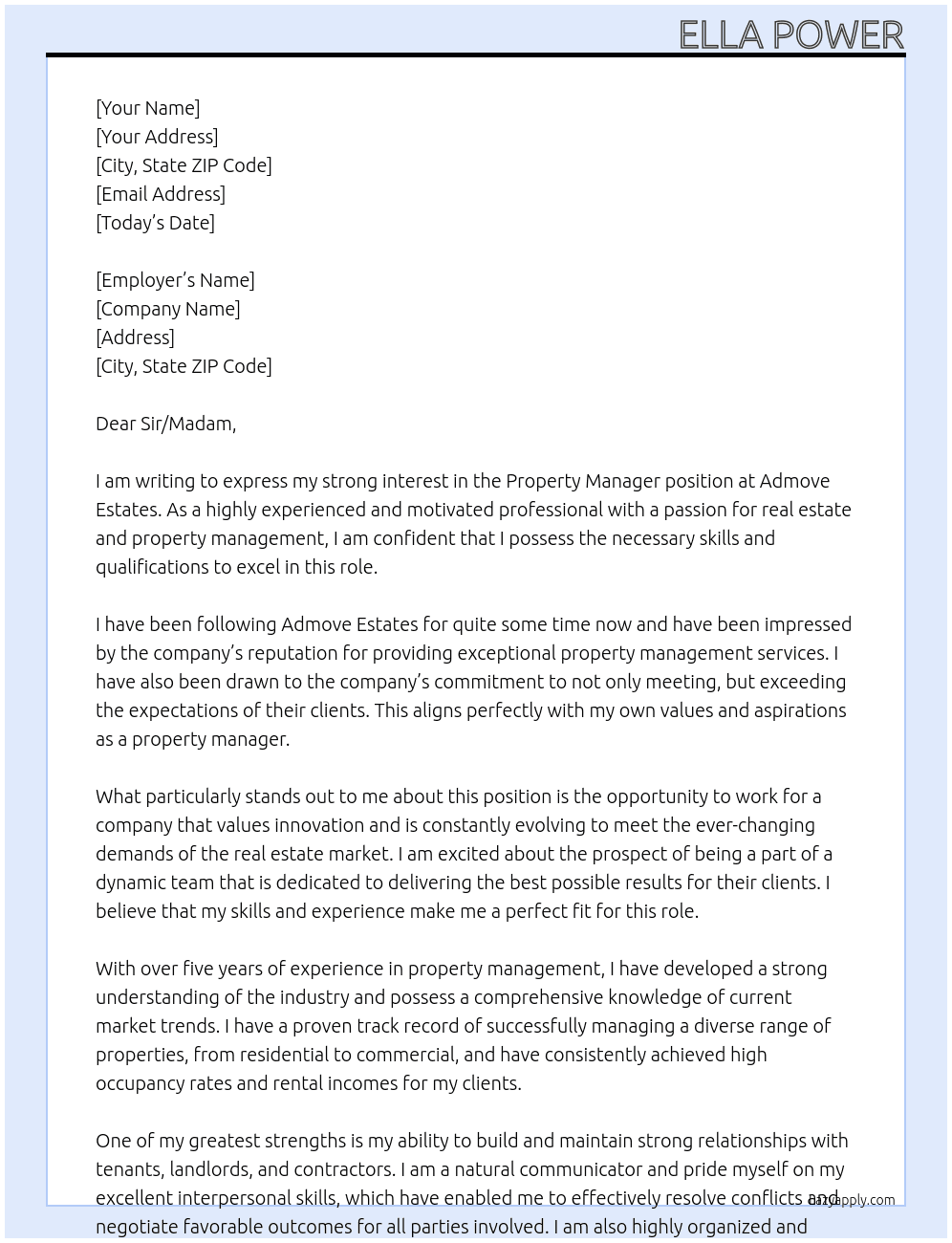 Property manager At Admove Estates Cover Letter