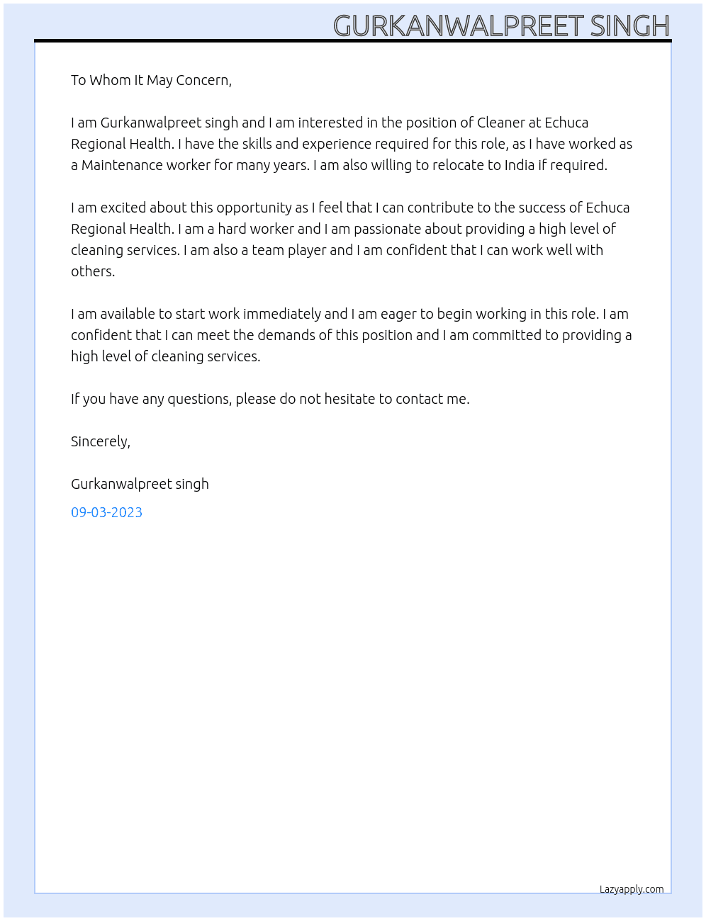 Cleaner At Echuca regional health Cover Letter