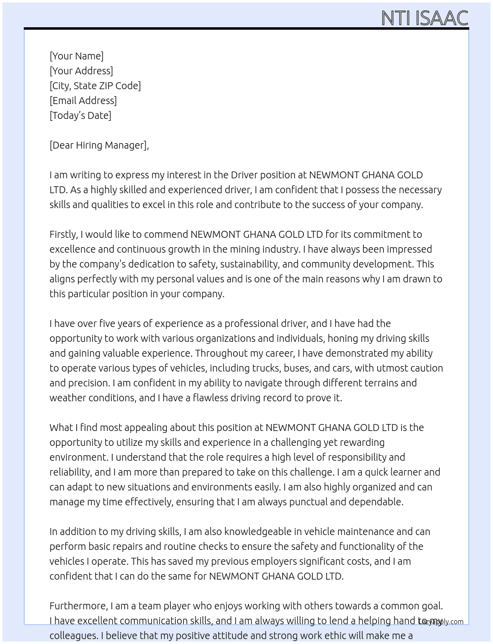 Driver At NEWMONT GHANA GOLD LTD Cover Letter