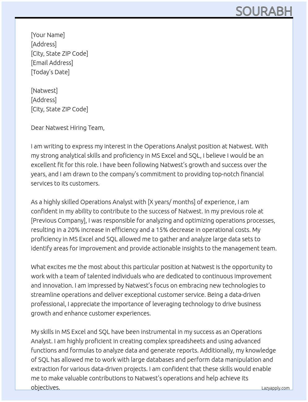 Operations analyst At Natwest Cover Letter