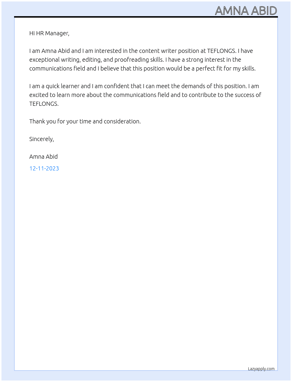 Content Writer At TEFLONGS Cover Letter