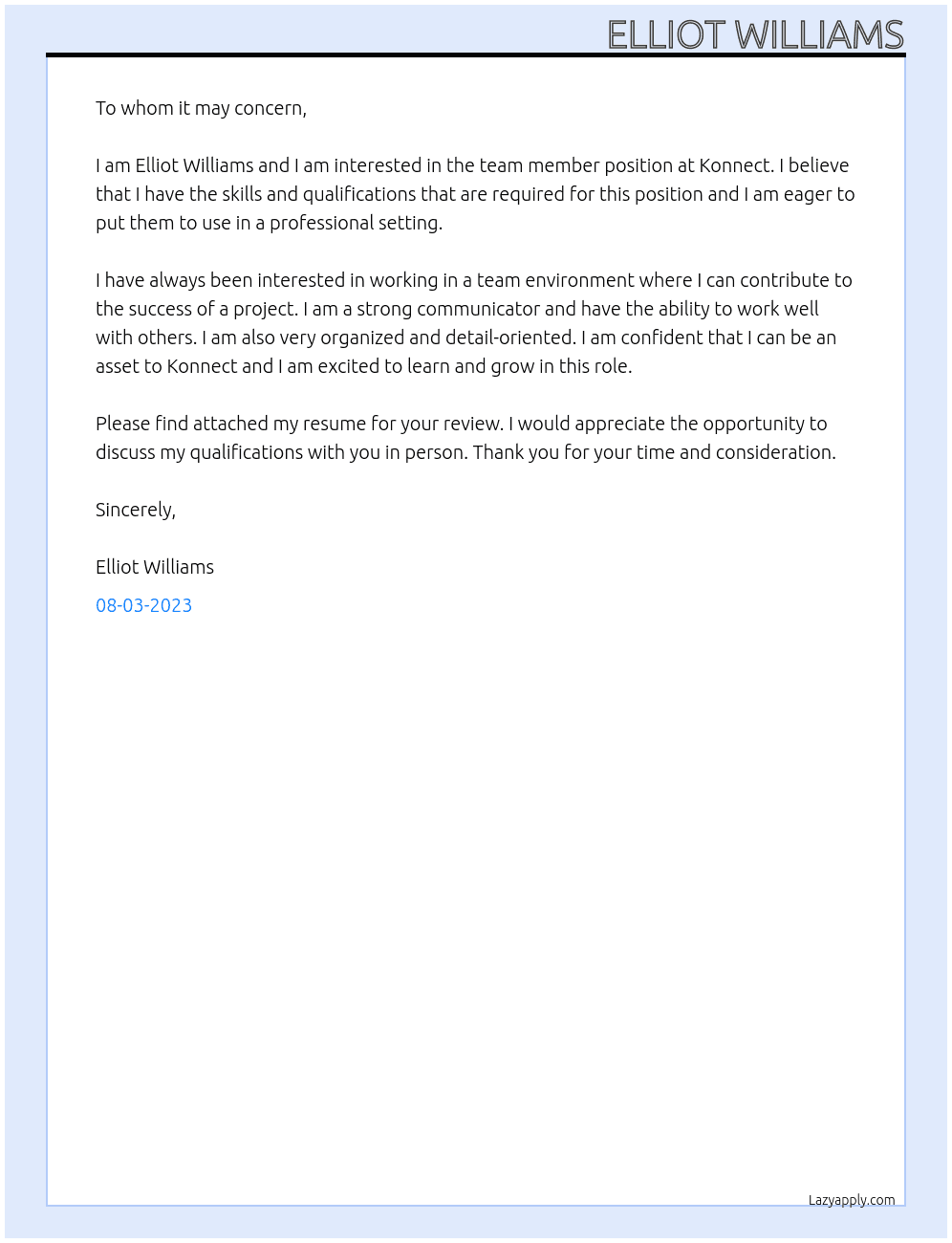 Team Member At Konnect Cover Letter
