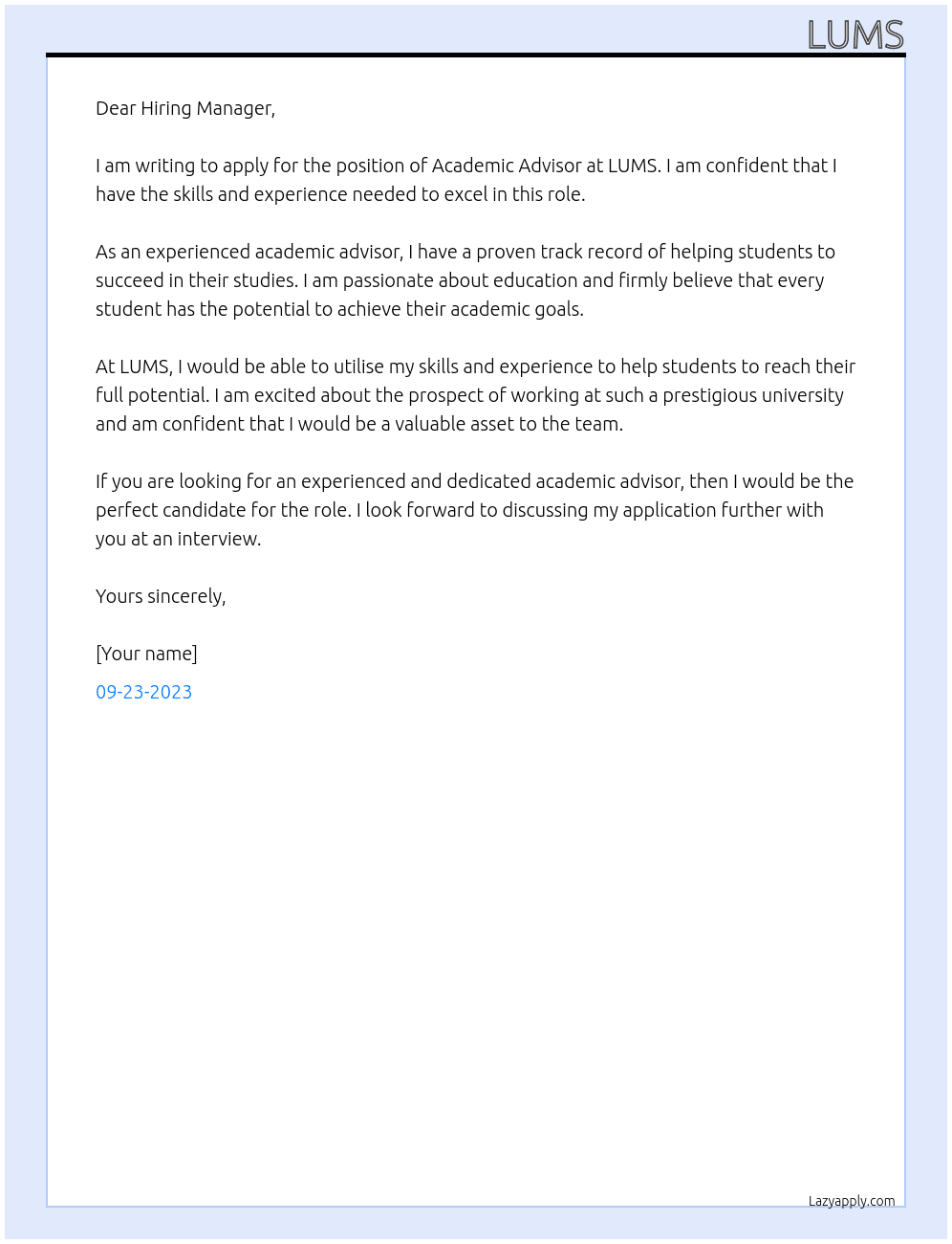 Academic Advisor At LUMS Cover Letter
