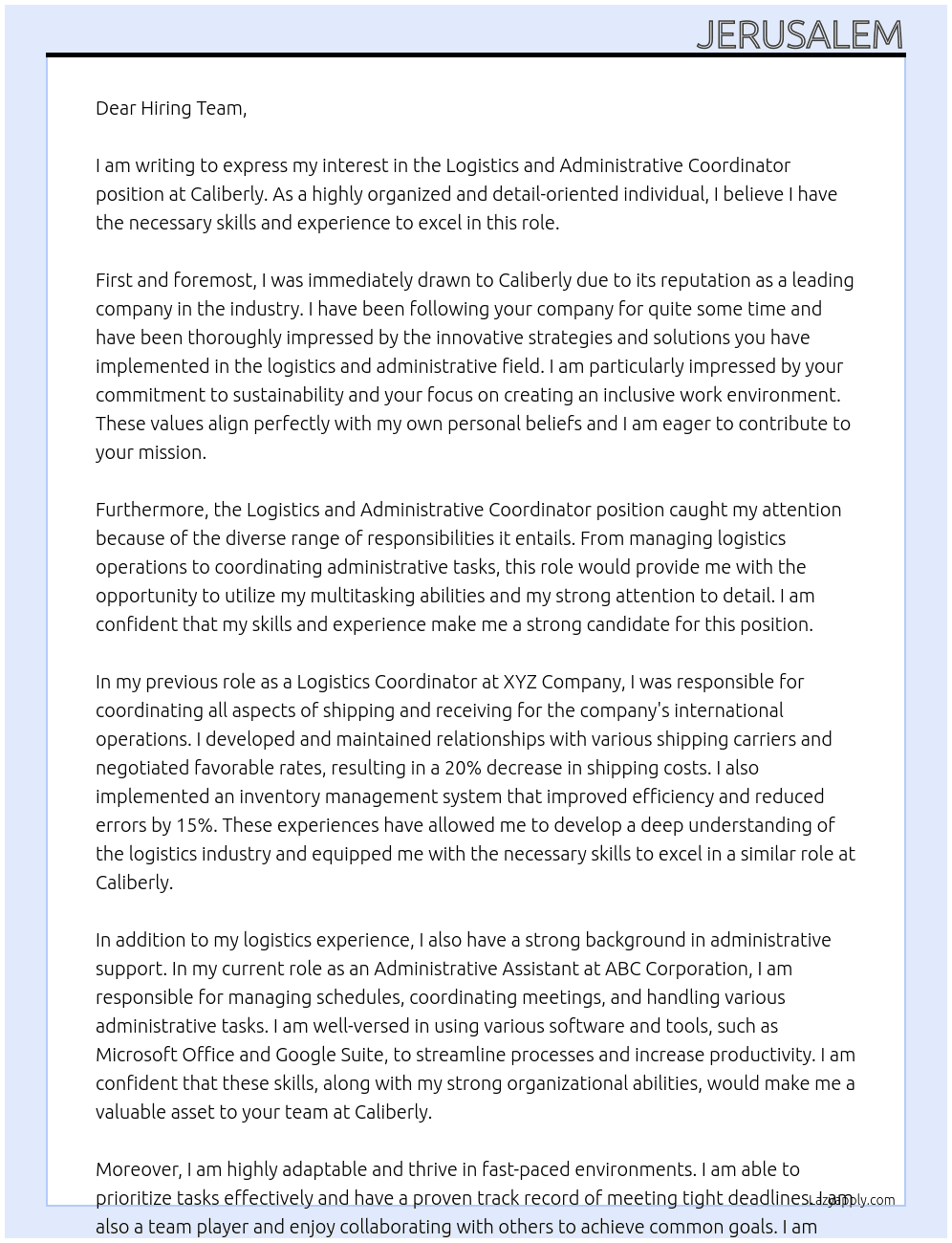 Logistics and Administrative Coordinator At Caliberly Cover Letter