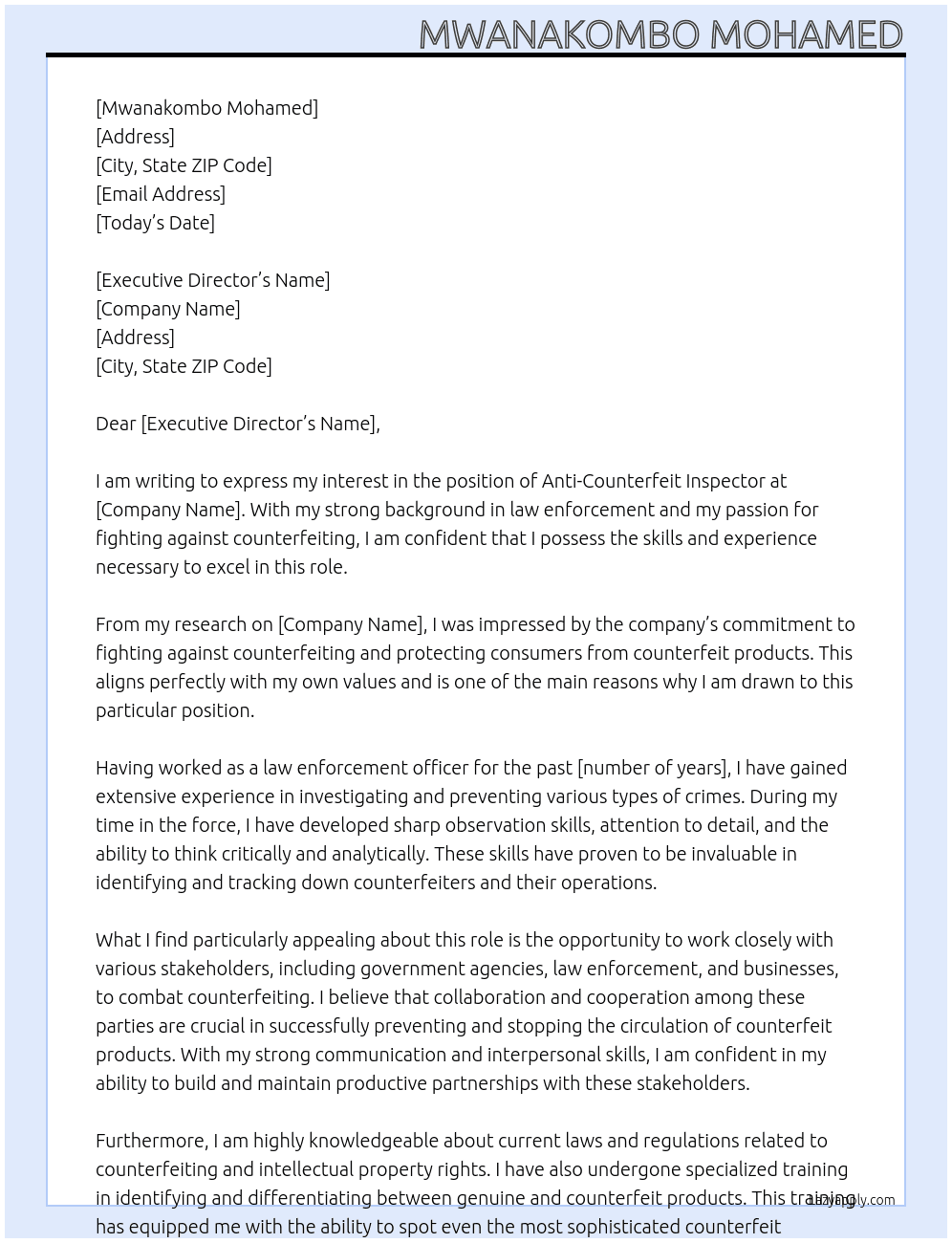 anti counterfeit inspector At anti counterfeight authority Cover Letter