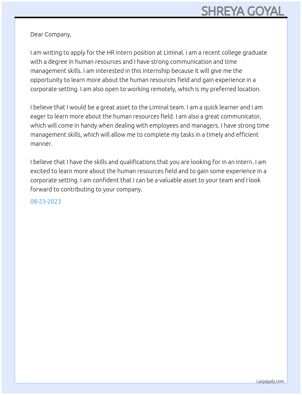HR intern At Liminal Cover Letter