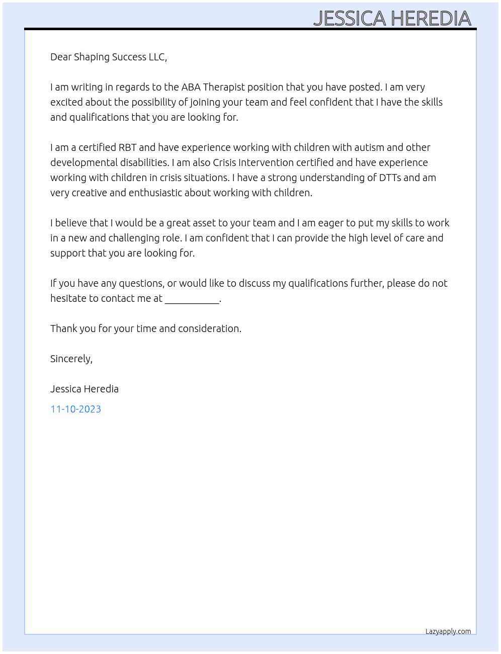 ABA Therapist  At Shaping Success LLC Cover Letter