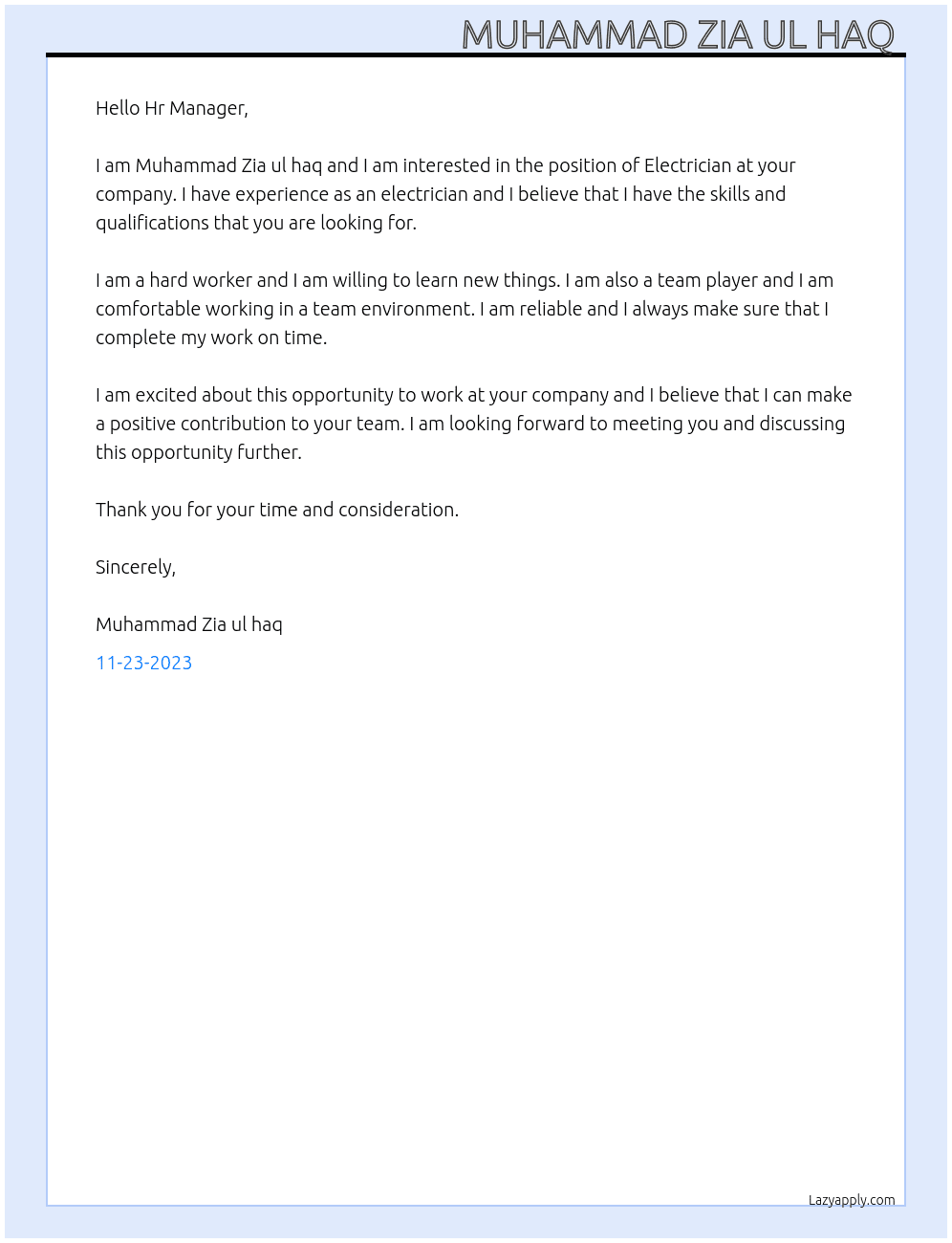 Electrician  At Hr Manager  Cover Letter