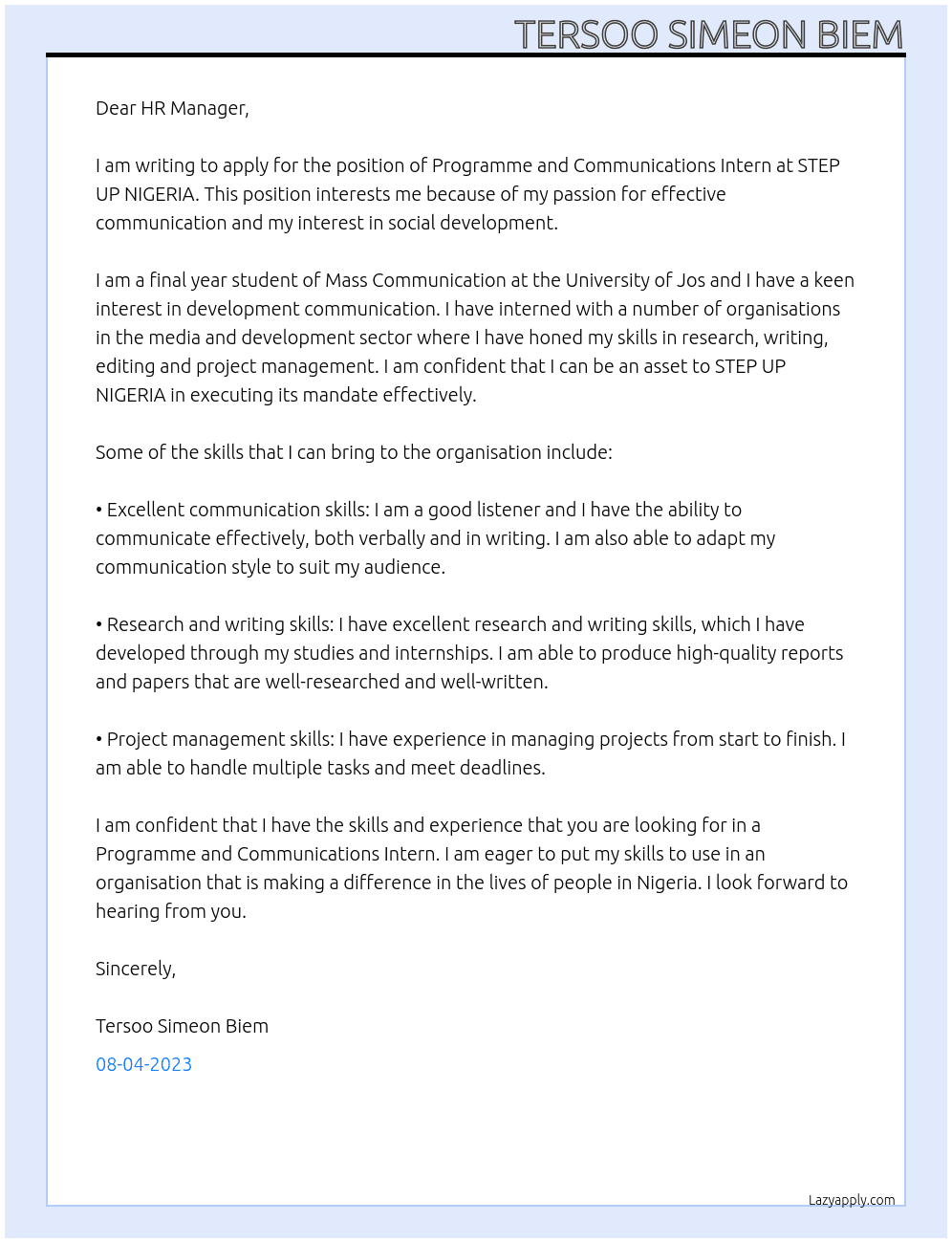 Programme and Communications Intern At STEP UP NIGERIA Cover Letter