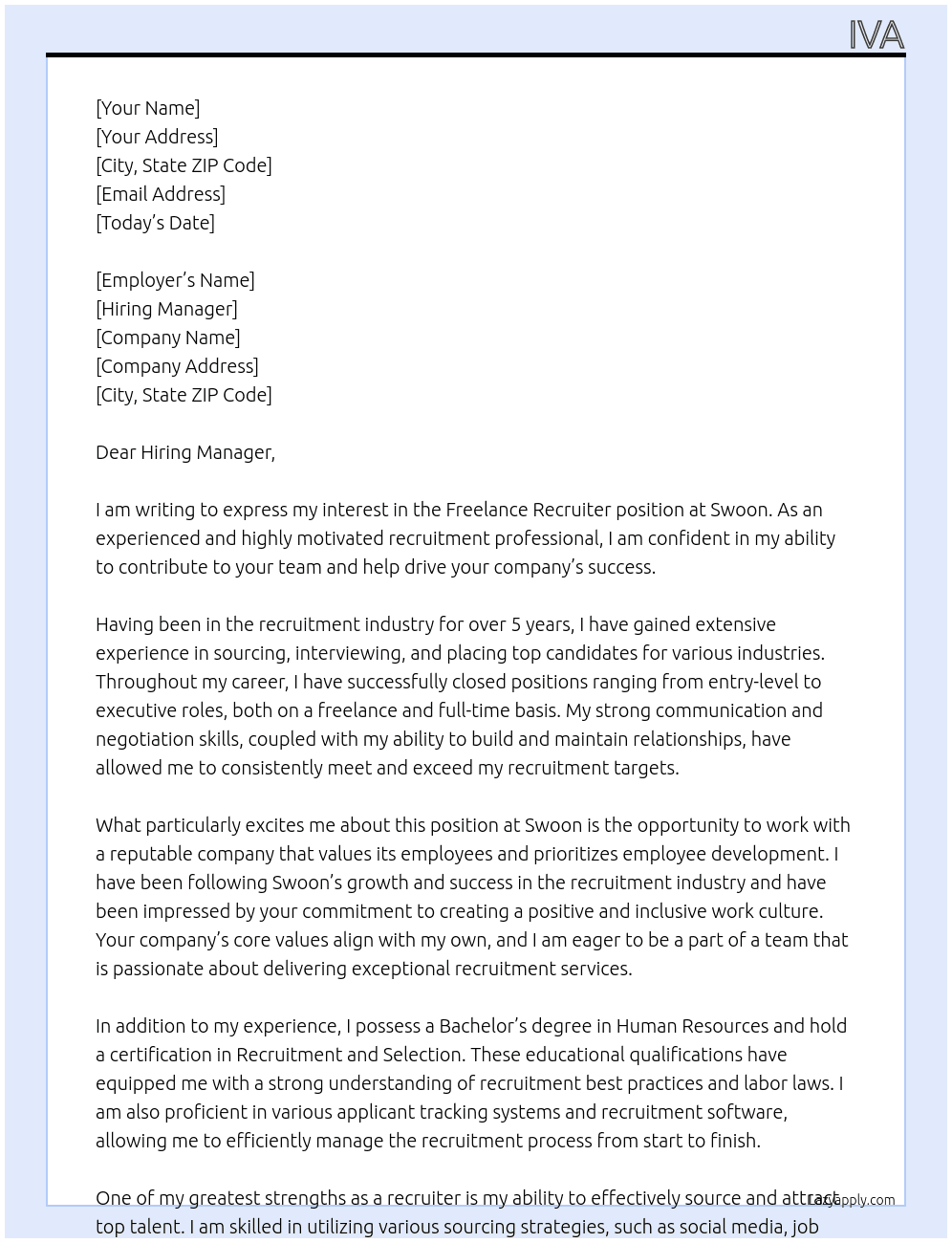 Freelance Recruiter At Swoon Cover Letter
