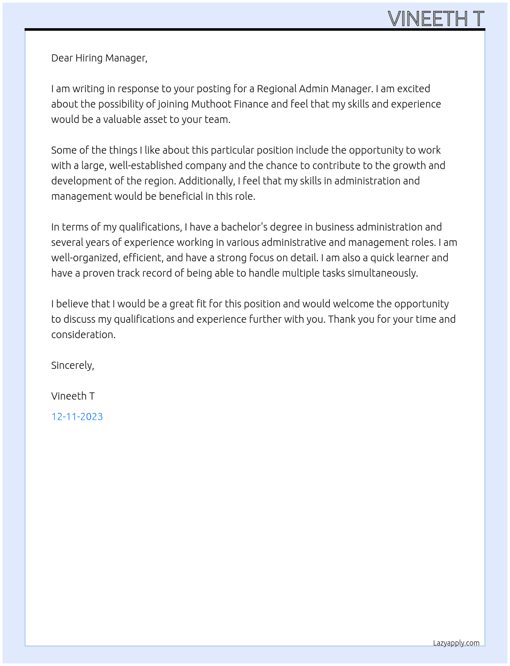 REGIONAL ADMIN MANAGER At MUTHOOT FINANCE Cover Letter