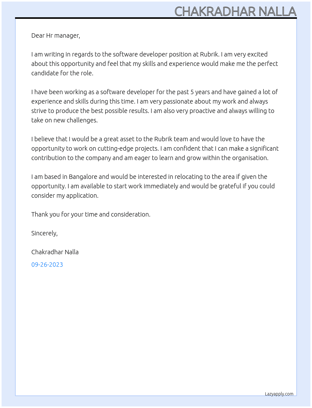 Software developer  At Rubrik Cover Letter