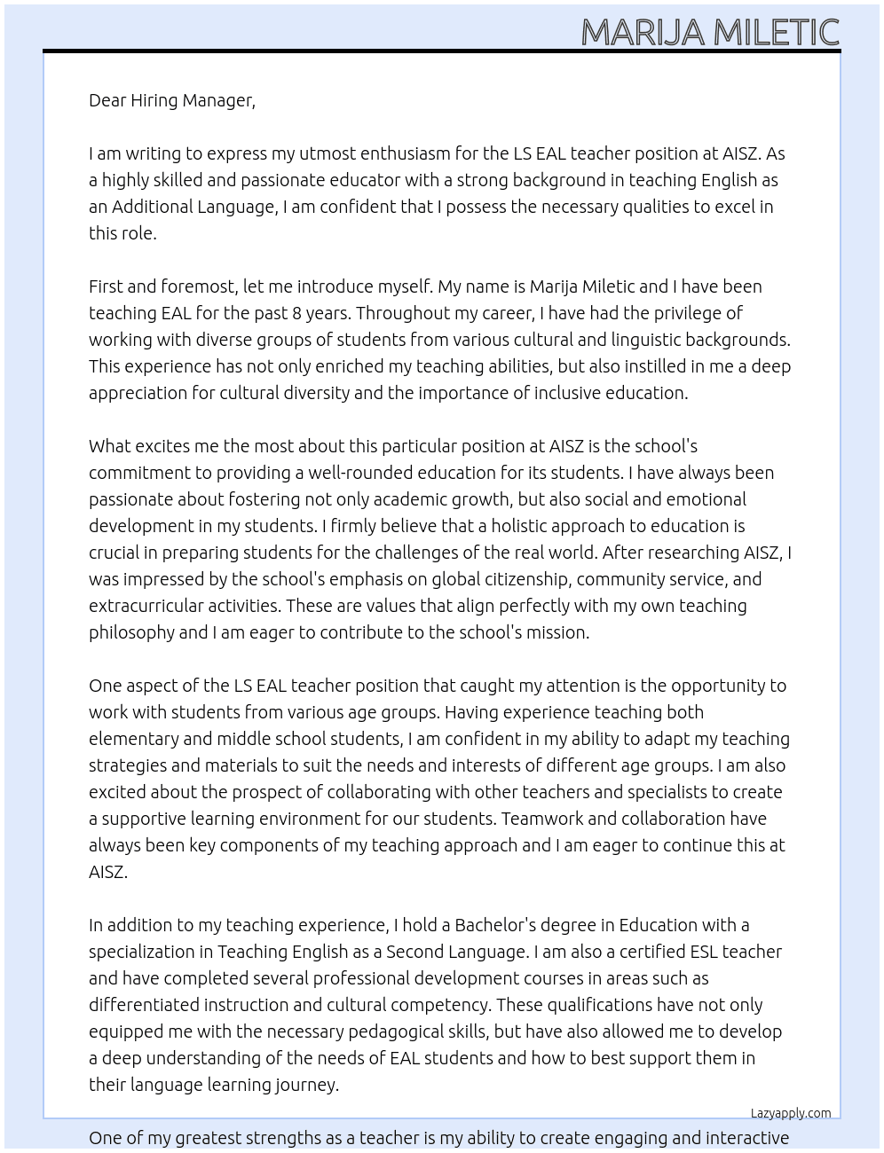 LS EAL teacher At AISZ Cover Letter