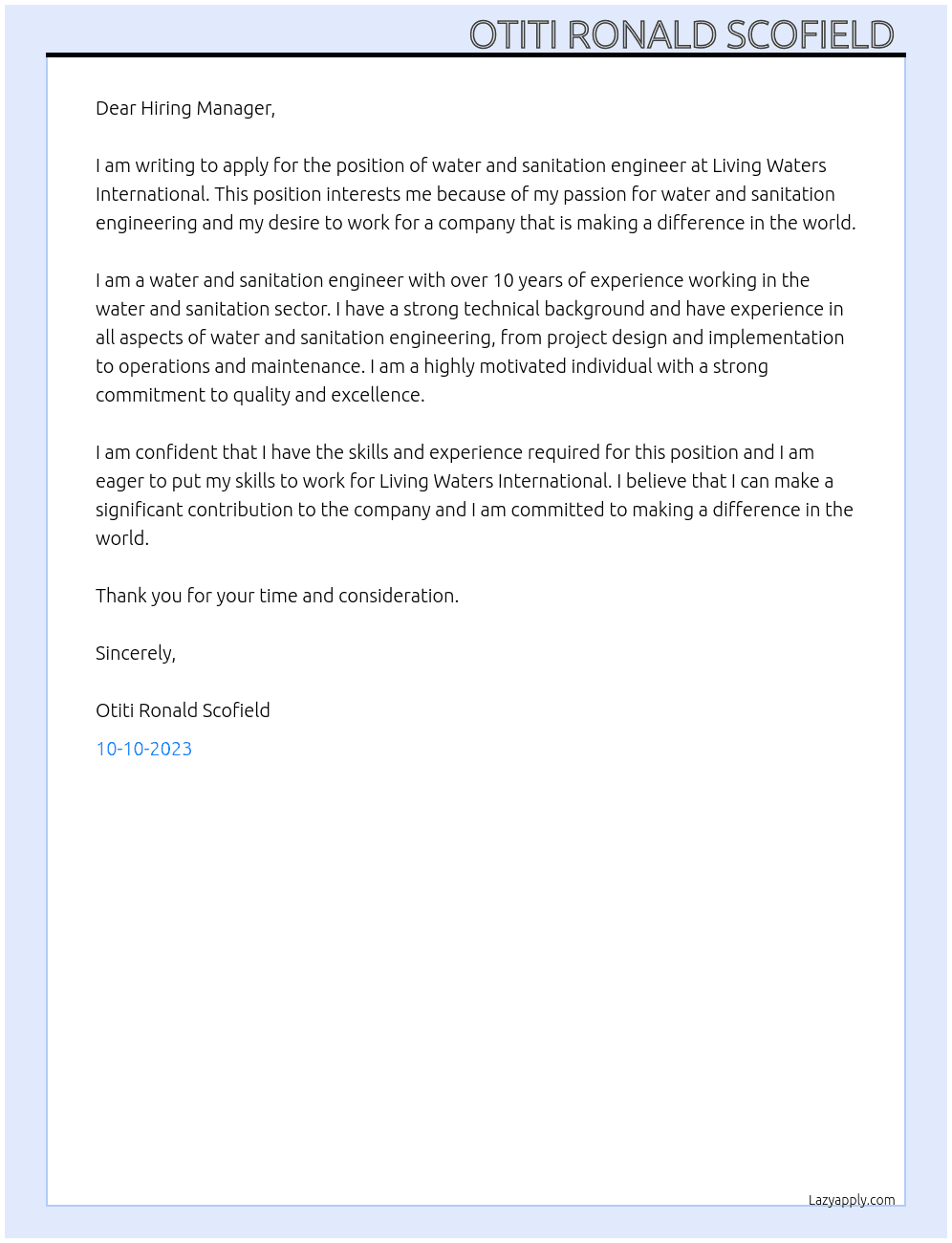 Water and sanitation Engineer At Living Waters International  Cover Letter