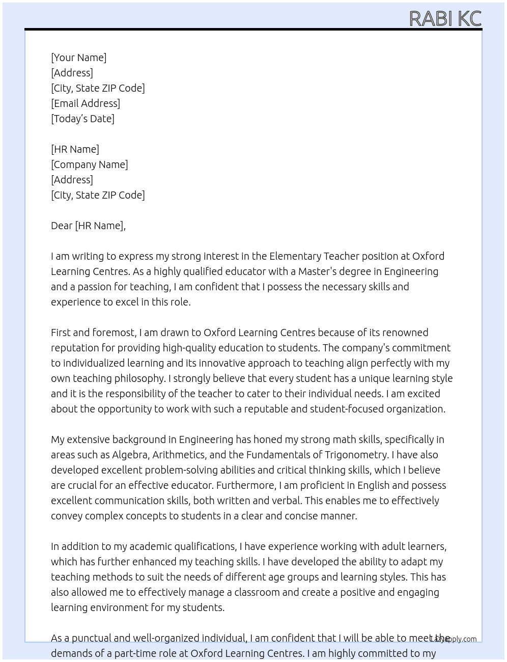 elementary teacher  At Oxford Learning Centres Cover Letter