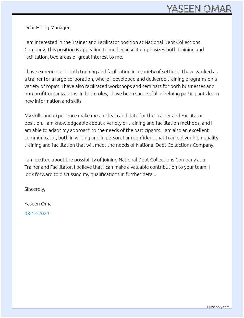 Trainer and Facilitator At National Debt Collections Company Cover Letter