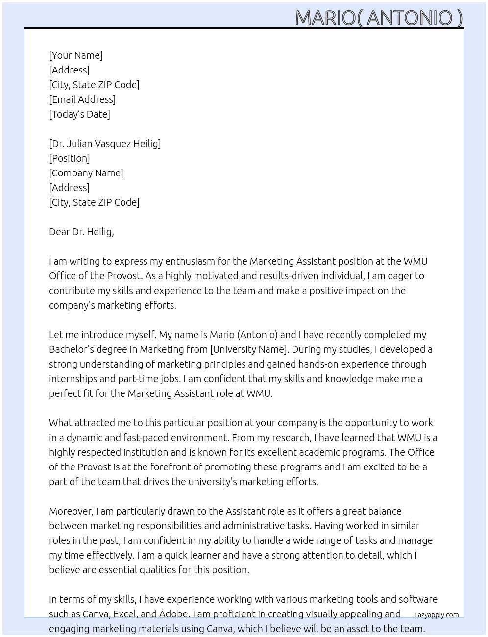 marketing assistant  At WMU Office of the Provost Cover Letter
